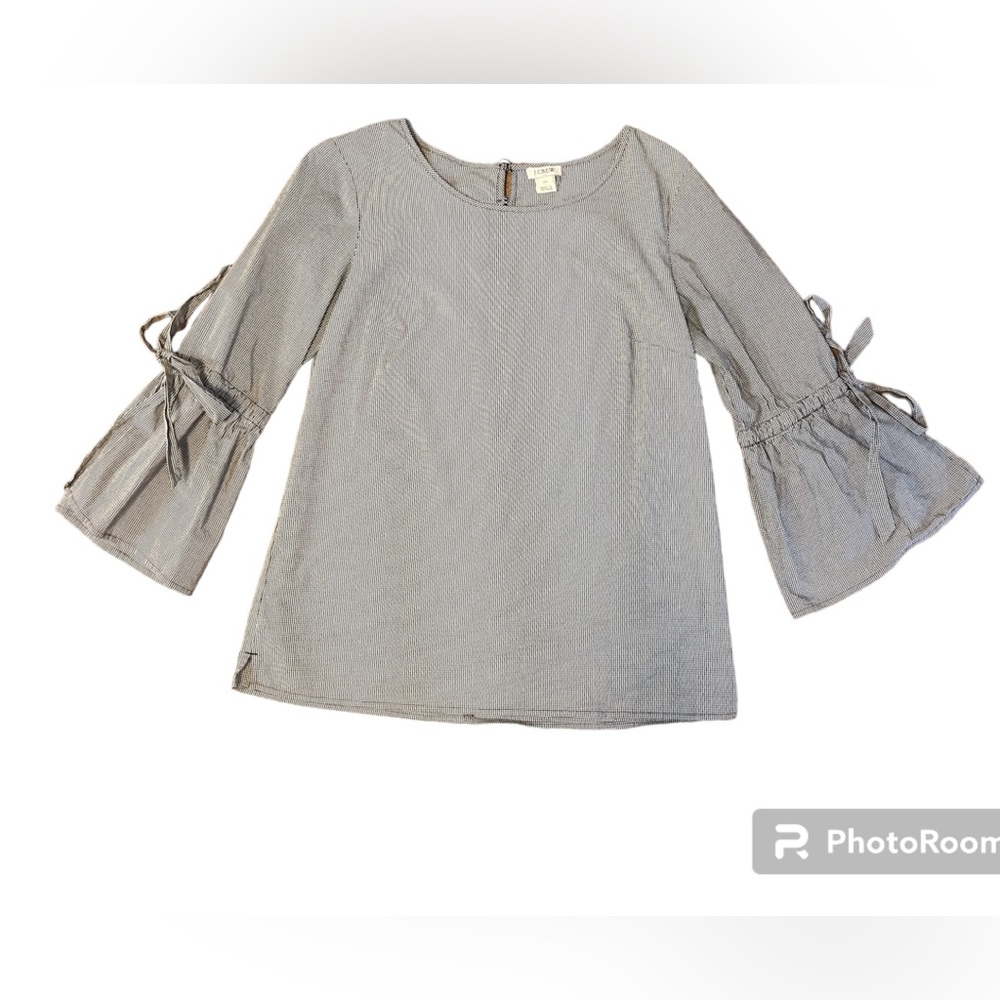 J. CREW Gingham Statement Sleeve Shirt Bows Bell Sleeves Size XS Black White